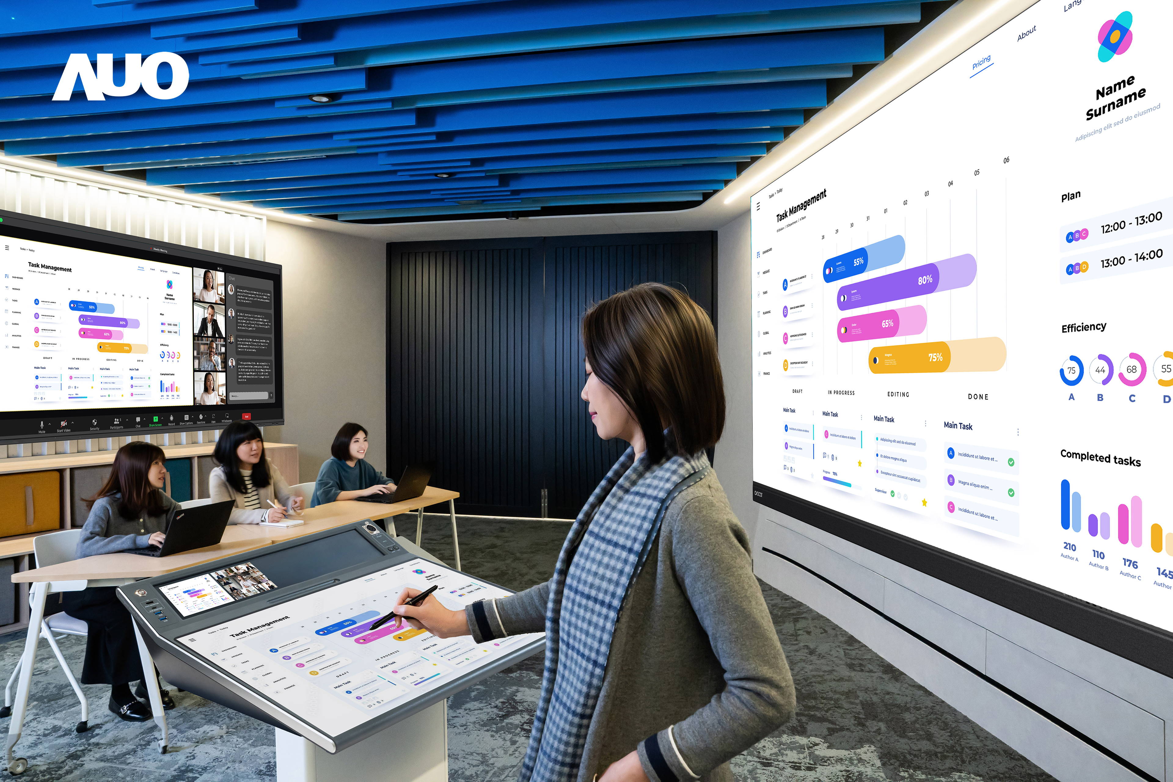 达擎携手Avocor与Rise Vision展示全方位商务领域应用，包含采用模块化设计的138吋一体式All-in-One LED显示器及具21:9超宽比例的92吋交互式电子白板（IFPD），讲者可轻松分享内容，有效提升会议协作效率。